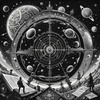 Surreal Black and White Cyberpunk looking at Celestial Zodiac Map with Clock Planets