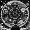 Surreal Black and White Cyberpunk looking at Celestial Zodiac Map with Clock Planets