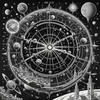 Surreal Black and White Cyberpunk looking at Celestial Zodiac Map with Clock Planets