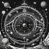 Surreal Black and White Cyberpunk looking at Celestial Zodiac Map with Clock Planets
