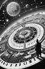 Surreal Black and White Cyberpunk looking at Celestial Zodiac Map with Clock Planets