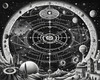 Surreal Black and White Cyberpunk looking at Celestial Zodiac Map with Clock Planets