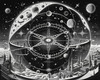 Surreal Black and White Cyberpunk looking at Celestial Zodiac Map with Clock Planets