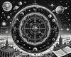 Surreal Black and White Cyberpunk looking at Celestial Zodiac Map with Clock Planets