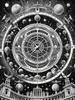 Surreal Black and White Cyberpunk looking at Celestial Zodiac Map with Clock Planets