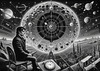 Surreal Black and White Cyberpunk looking at Celestial Zodiac Map with Clock Planets