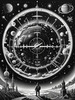 Surreal Black and White Cyberpunk looking at Celestial Zodiac Map with Clock Planets