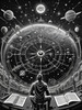 Surreal Black and White Cyberpunk looking at Celestial Zodiac Map with Clock Planets