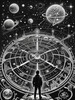Surreal Black and White Cyberpunk looking at Celestial Zodiac Map with Clock Planets