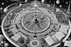 Surreal Black and White Cyberpunk looking at Celestial Zodiac Map with Clock Planets
