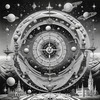 Surreal Black and White Cyberpunk looking at Celestial Zodiac Map with Clock Planets
