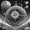 Surreal Black and White Cyberpunk looking at Celestial Zodiac Map with Clock Planets