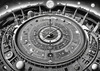 Surreal Black and White Cyberpunk looking at Celestial Zodiac Map with Clock Planets
