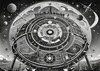 Surreal Black and White Cyberpunk looking at Celestial Zodiac Map with Clock Planets