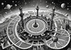 Surreal Black and White Cyberpunk looking at Celestial Zodiac Map with Clock Planets