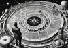 Surreal Black and White Cyberpunk looking at Celestial Zodiac Map with Clock Planets