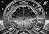 Surreal Black and White Cyberpunk looking at Celestial Zodiac Map with Clock Planets