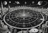 Surreal Black and White Cyberpunk looking at Celestial Zodiac Map with Clock Planets