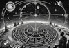 Surreal Black and White Cyberpunk looking at Celestial Zodiac Map with Clock Planets