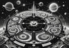 Surreal Black and White Cyberpunk looking at Celestial Zodiac Map with Clock Planets