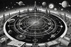 Surreal Black and White Cyberpunk looking at Celestial Zodiac Map with Clock Planets