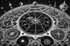 Surreal Black and White Cyberpunk looking at Celestial Zodiac Map with Clock Planets