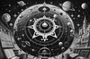 Surreal Black and White Cyberpunk looking at Celestial Zodiac Map with Clock Planets