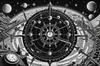 Surreal Black and White Cyberpunk looking at Celestial Zodiac Map with Clock Planets