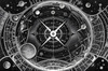 Surreal Black and White Cyberpunk looking at Celestial Zodiac Map with Clock Planets