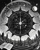 Surreal Black and White Cyberpunk looking at Celestial Zodiac Map with Clock Planets