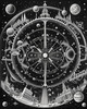 Surreal Black and White Cyberpunk looking at Celestial Zodiac Map with Clock Planets