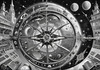 Surreal Black and White Cyberpunk looking at Celestial Zodiac Map with Clock Planets