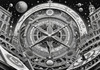 Surreal Black and White Cyberpunk looking at Celestial Zodiac Map with Clock Planets