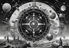 Surreal Black and White Cyberpunk looking at Celestial Zodiac Map with Clock Planets