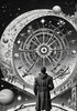 Surreal Black and White Cyberpunk looking at Celestial Zodiac Map with Clock Planets