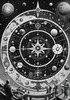Surreal Black and White Cyberpunk looking at Celestial Zodiac Map with Clock Planets