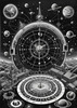 Surreal Black and White Cyberpunk looking at Celestial Zodiac Map with Clock Planets