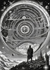 Surreal Black and White Cyberpunk looking at Celestial Zodiac Map with Clock Planets