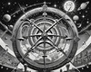 Surreal Black and White Cyberpunk looking at Celestial Zodiac Map with Clock Planets