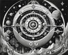 Surreal Black and White Cyberpunk looking at Celestial Zodiac Map with Clock Planets