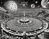 Surreal Black and White Cyberpunk looking at Celestial Zodiac Map with Clock Planets
