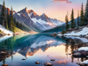 Snow-Capped Mountain Peaks Reflection at Dawn with Calm Lake Art Print
