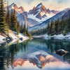 Snow-Capped Mountain Peaks Reflection at Dawn with Calm Lake Art Print
