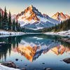 Snow-Capped Mountain Peaks Reflection at Dawn with Calm Lake Art Print