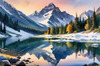 Snow-Capped Mountain Peaks Reflection at Dawn with Calm Lake Art Print