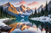 Snow-Capped Mountain Peaks Reflection at Dawn with Calm Lake Art Print