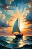 Printable Romantic Landscape Art of a Solitary Sailboat under a Pastel Dawn Sky at Sea