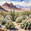 Realistic Desert Mountain Range with Cacti and Sagebrush Printable Art