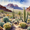 Realistic Desert Mountain Range with Cacti and Sagebrush Printable Art