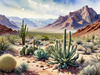 Realistic Desert Mountain Range with Cacti and Sagebrush Printable Art